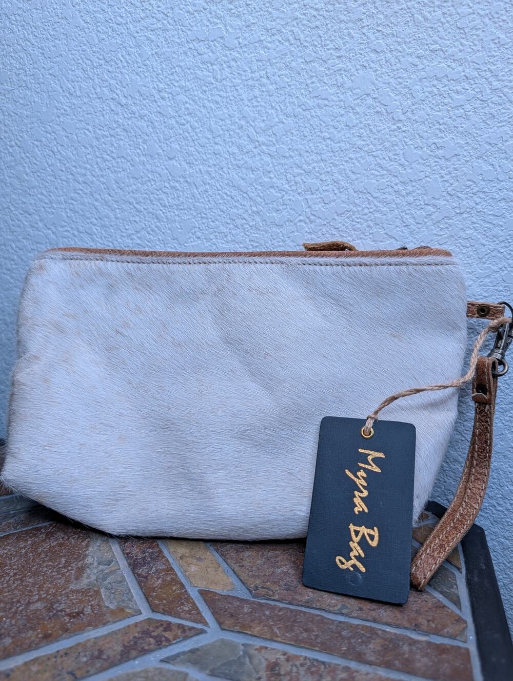 Myra NWT Cowhide Hair-On Wristlet Clutch Zipper Bag Makeup Accessories *READ
